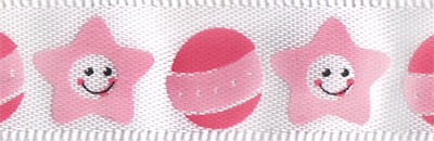 Атласная лента с рисунком "Звездочки и Мячики", ширина 12 мм, цвет Белый/Розовый, 1 метр