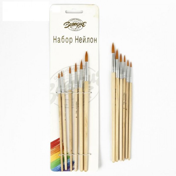 Набор круглых кистей с деревянными ручками, нейлон №№ 2,4,6,8,10,12 , 6 штук