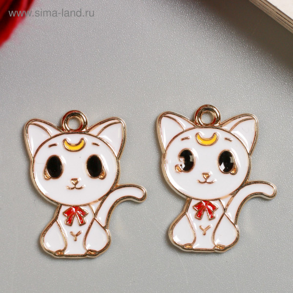 Металлическая подвеска с эмалью "Белый котёнок с красным бантом", 1 шт 