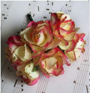 Роза с глиттером, цвет Кремовый/Ярко-розовый, 25 мм, 6 штук 