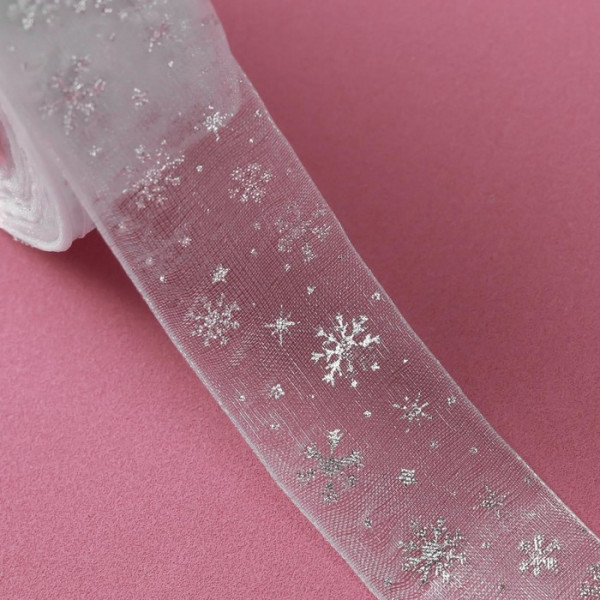 Лента декоративная капроновая с тиснением "Снежинки", цвет Белый/Серебро, 25 мм, 1 метр (Артузор) 