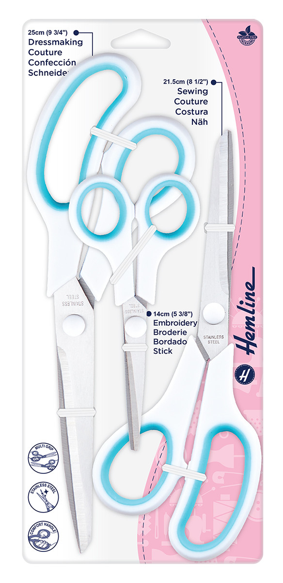 Набор ножниц для шитья и хобби: 25 см, 21,5см, 14 см, цвет Бело-Бирюзовый (Hemline) 