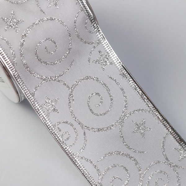 Лента атласная с металлической нитью «Узоры со звездой», цвет Белый/Серебро, 60 мм, 1 метр (Артузор)