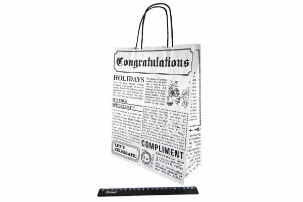 Пакет бумажный с кручеными ручками, рисунок Газета, 32*25*10 см