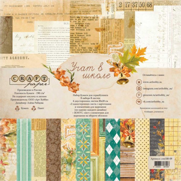 Набор бумаги 20*20 см из коллекции "Учат в школе", 8 листов (Craft Paper)