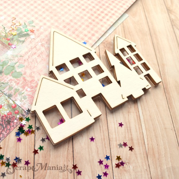 Украшение из чипборда из коллекции "Новогодние традиции" Шейкер. Домики с ёлкой, размер Большой/ Маленький (ScrapMania) 