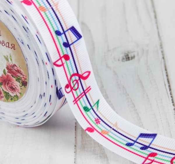 Лента декоративная репсовая "Ноты", ширина 25мм, 1 ярд (91см) (Артузор)