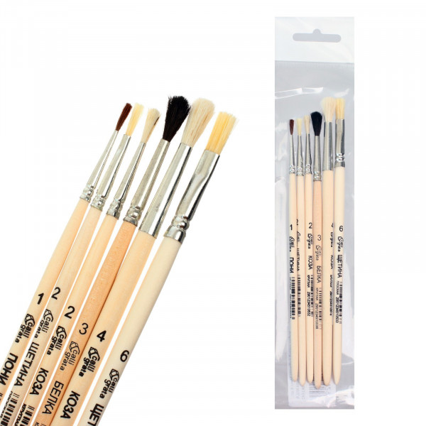 Набор кистей с деревянными ручками, Ассорти, 6 штук