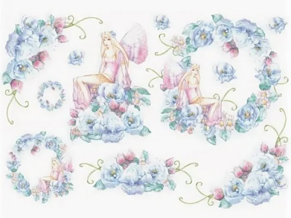 Бумага рисовая для декупажа "Фея и голубые цветы" 48*33 см, 1 лист (Италия)  