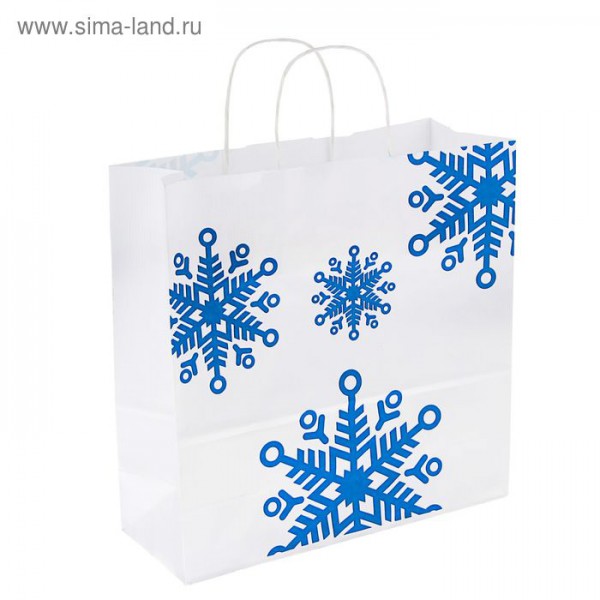 Пакет из крафт-бумаги с принтом "Снежинки синие", 32*32*12 см, 1 шт.