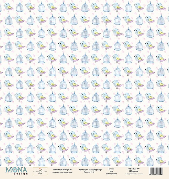 Бумага из коллекции "Fancy Spring" #7498 (Клетки и птички) (Mona design)
