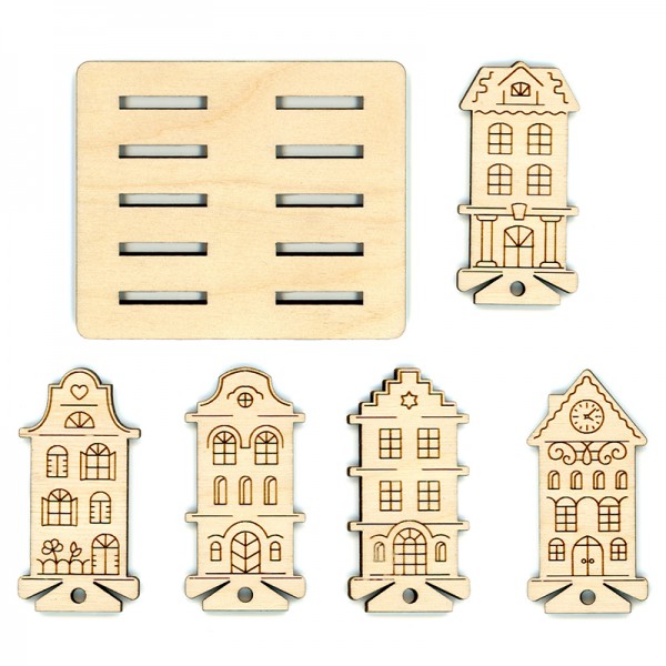 Набор деревянных бобин для ниток с подставкой "Домики", 11 элементов