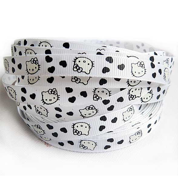 Лента репсовая принтованная "Hello Kitty", цвет Белый, ширина 10 мм, 1 метр