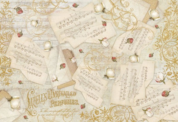 Бумага рисовая для декупажа "Музыкальные ноты и бутончики" 48*33 см, 1 лист (Италия)