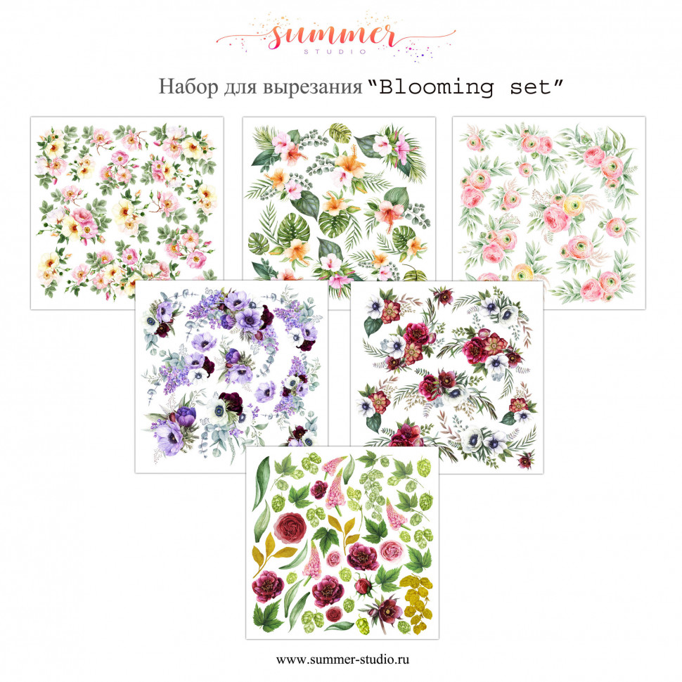 Набор бумаги 20*20 см для вырезания из коллекции "Blooming set" , 6 листов (1/3 набора) (Summer Studio, Россия)