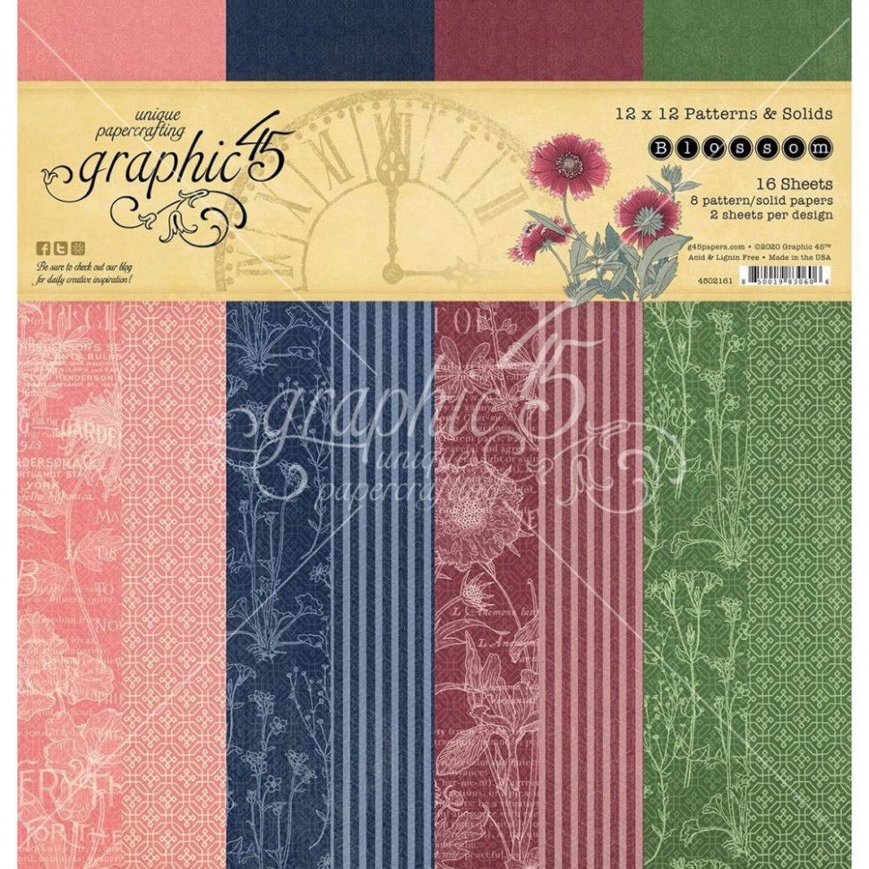 Набор бумаги Patterns & Solids Paper Pad из коллекции Blossom, 8 листов, 30*30 см (1/2 полного набора) (Graphic45)  