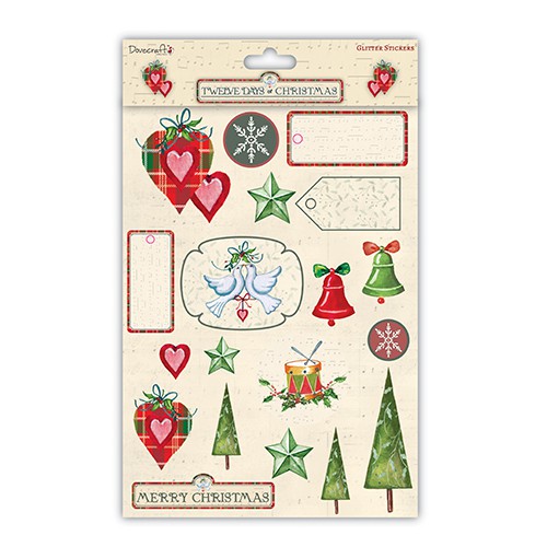 Стикеры с глиттером из коллекции 12 Days of Christmas (12 Дней Рождества), лист А4 (Dovecrafts)