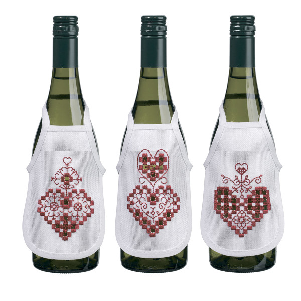 Набор для вышивания в технике хардангер, фартуки на бутылку "Красные сердечки", 3 шт (Permin, Дания)