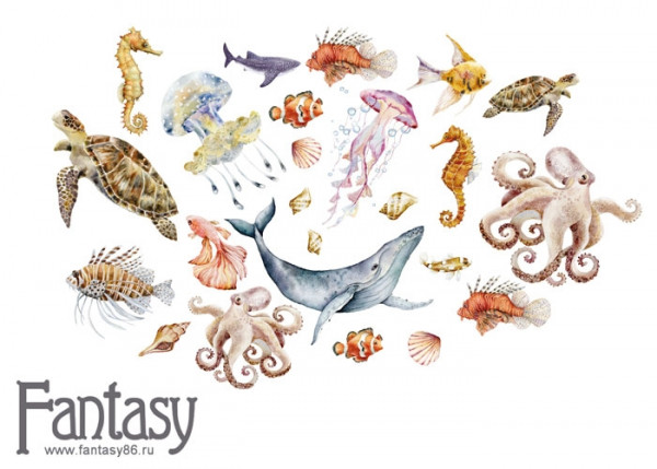 Набор тканевых высечек #4 из коллекции Теплое море, толщина картона 1 мм, 24 шт. (Fantasy)  