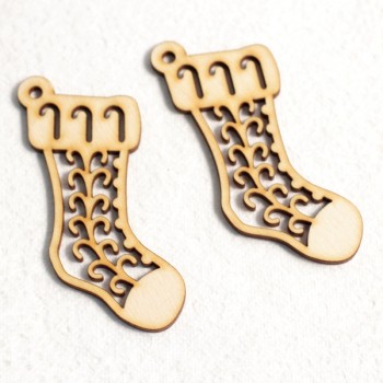 Деревянная подвеска "Носок с орнаментом" #1, 2 шт., 48*93*3 мм