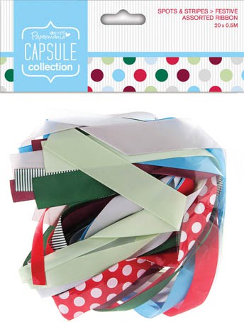 Суперцена! Набор лент "Ассорти" из коллекции Spots & Stripes Festive (Праздничные кружки и полоски), 20 отрезков по 0.5 м (Docrafts)  