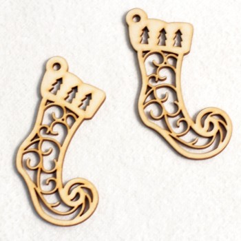 Деревянная подвеска "Носок с орнаментом" #2, 2 шт., 48*93*3 мм 