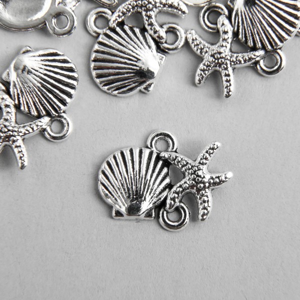 Подвеска металлическая "Ракушка и морская звезда", цвет Серебро, 1 шт.