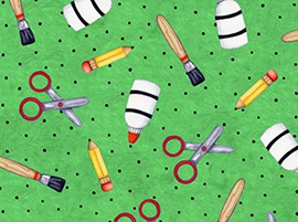 Отрез ткани "Школьные принадлежности" из коллекции Learning Is Fun! (Учиться с удовольствием), цвет Зеленый (QUILTING TREASURES), 55*50 см