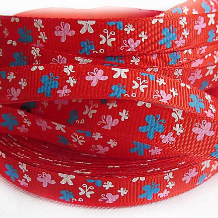Лента репсовая принтованная "Разноцветные бабочки", цвет Малиновый, ширина 10 мм, 1 метр 